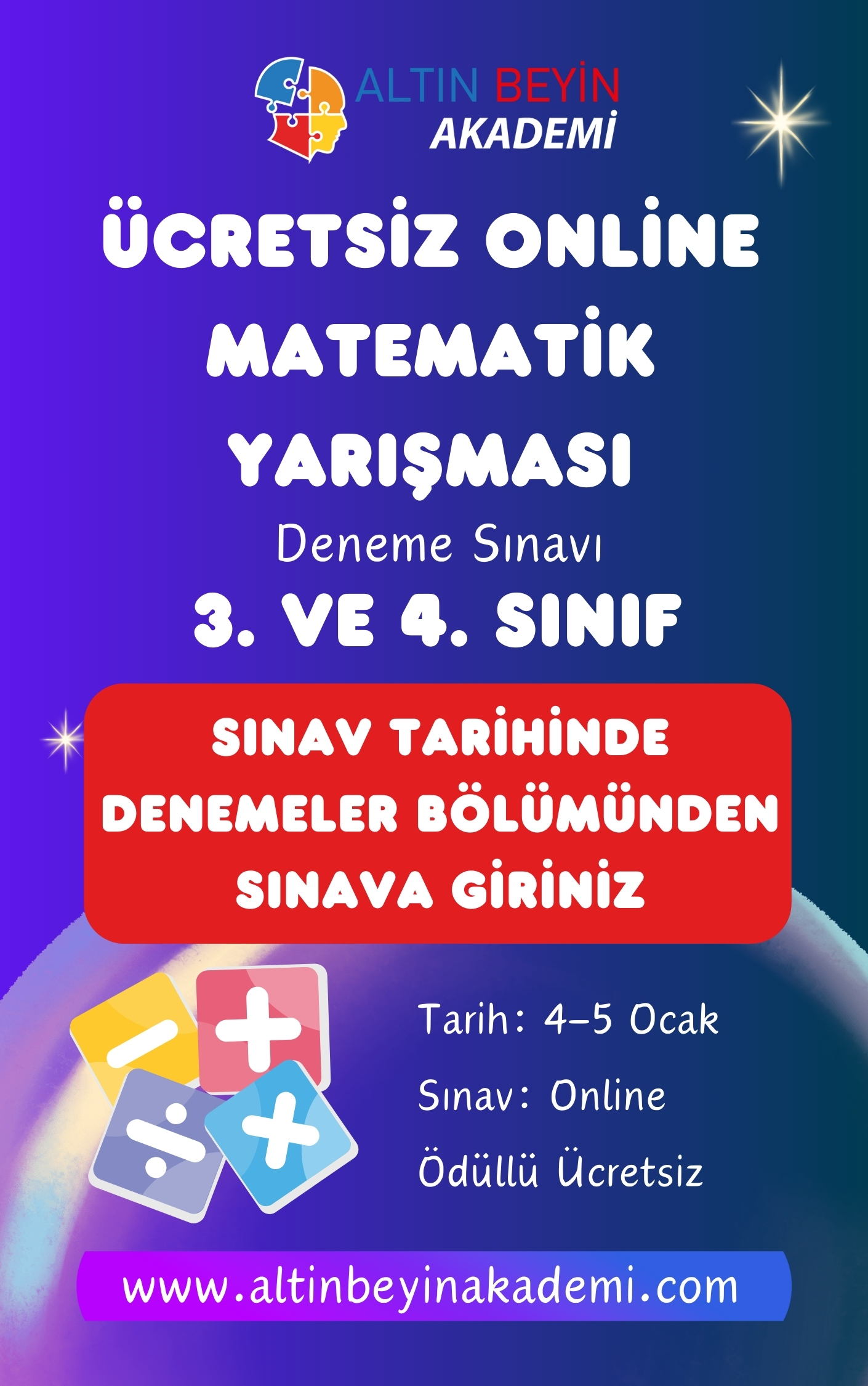 3. VE 4. SINIF Ücretsiz Online Matematik Yarışması Deneme Sınavı